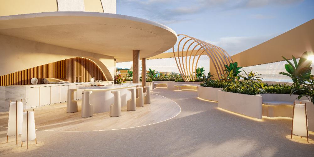 Rooftop y zona BBQ del proyecto MAWA 22 en Manta